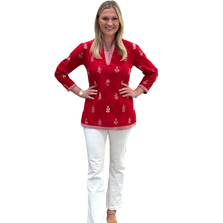 The Brie Embroidered Cotton Tunic in Red and White — view 5