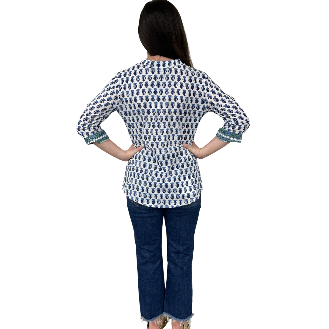 The Eloise Cotton Top in White Blue Hand Blocked Floral — view 5