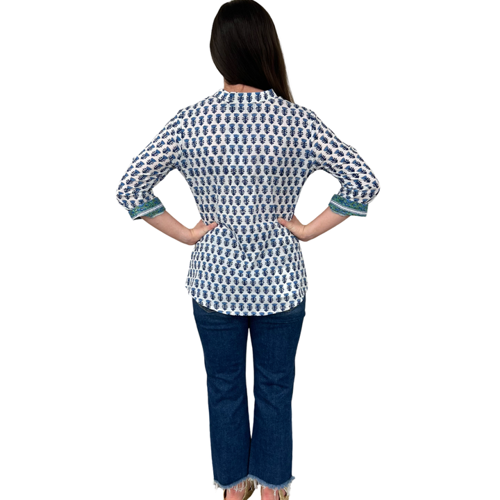 The Eloise Cotton Top in White Blue Hand Blocked Floral — view 5