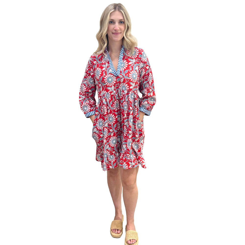 The Morley Embroidered Trim Dress in Blue Red Handblocked Floral — view 2