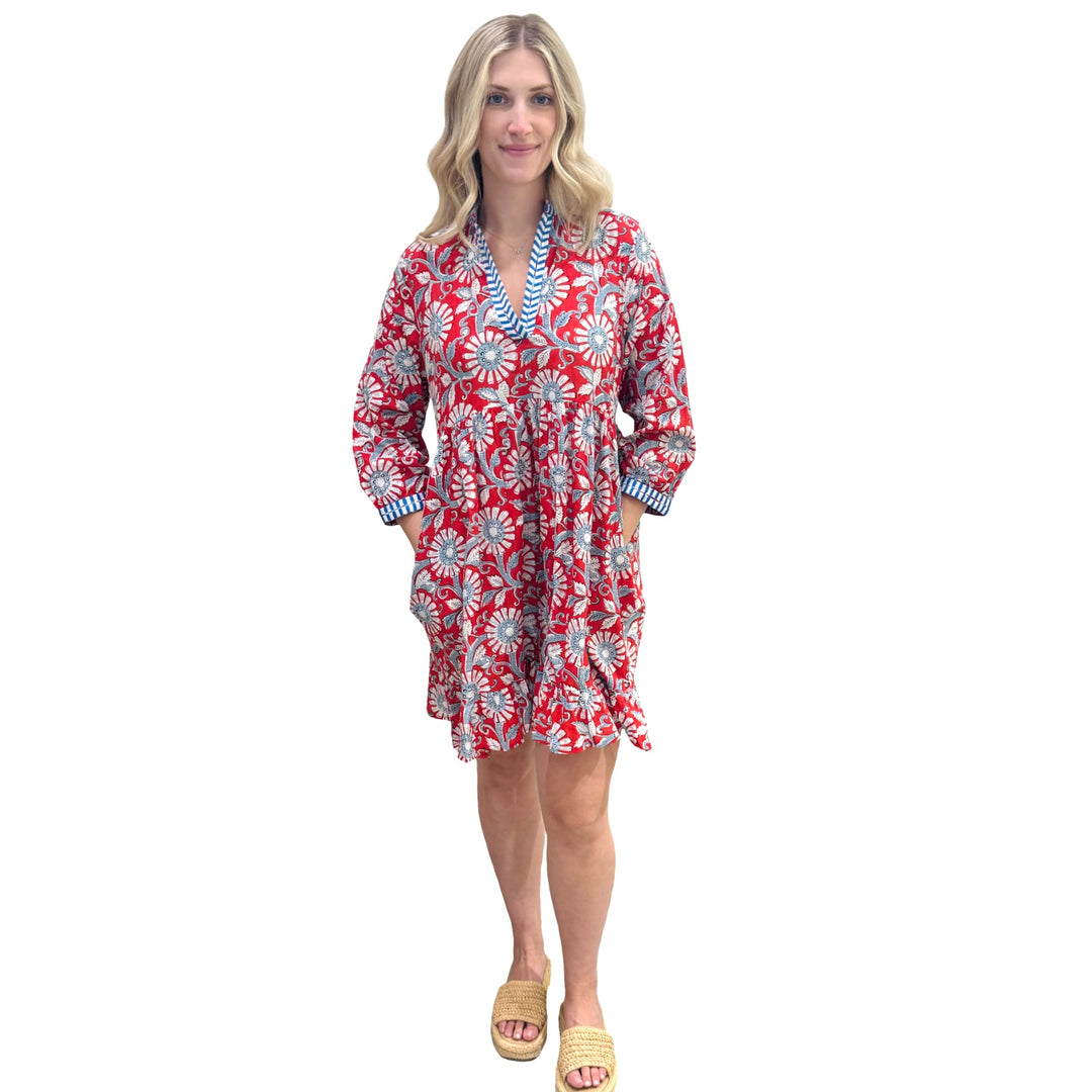 The Morley Embroidered Trim Dress in Blue Red Handblocked Floral — view 2