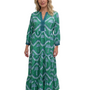 The Daniella Cotton Embroidered Trim Dress in Green Blue Palm Print