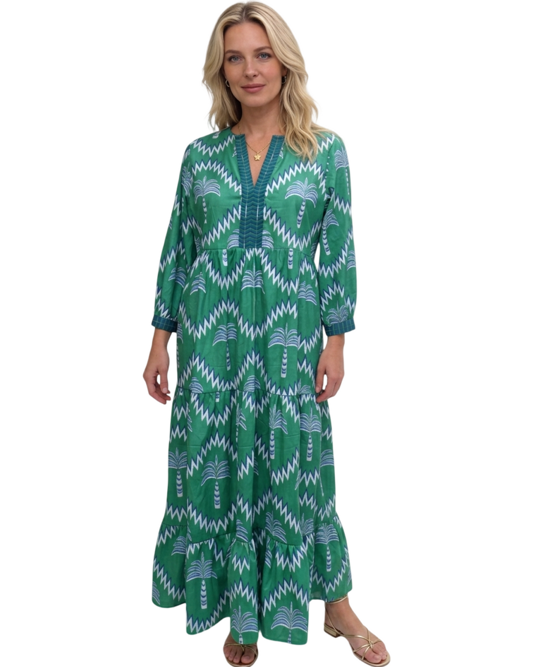The Daniella Cotton Embroidered Trim Dress in Green Blue Palm Print