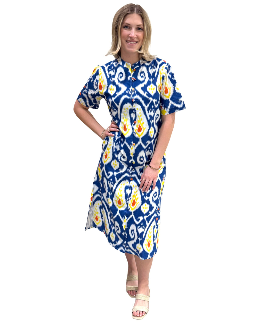 The Tabitha Button Front Short Sleeve Dress in Blue Yellow Cotton Ikat Print — view 2