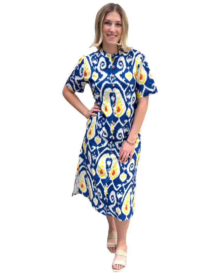 The Tabitha Button Front Short Sleeve Dress in Blue Yellow Cotton Ikat Print — view 2