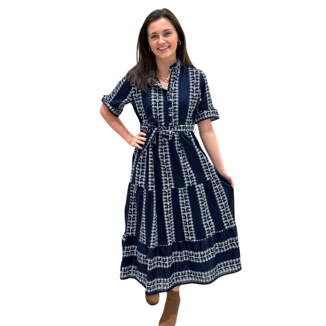 navy and white embroidered dress Long Mother-of-the-Bride Dress with Long Sleeves Navy / 24 main image 0