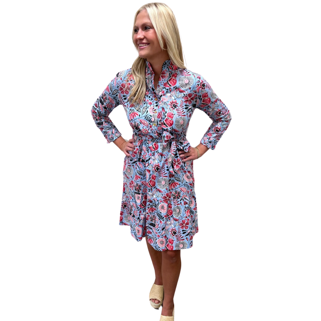 The Hampton Dress in Soft Blue Floral Bird Print — view 4