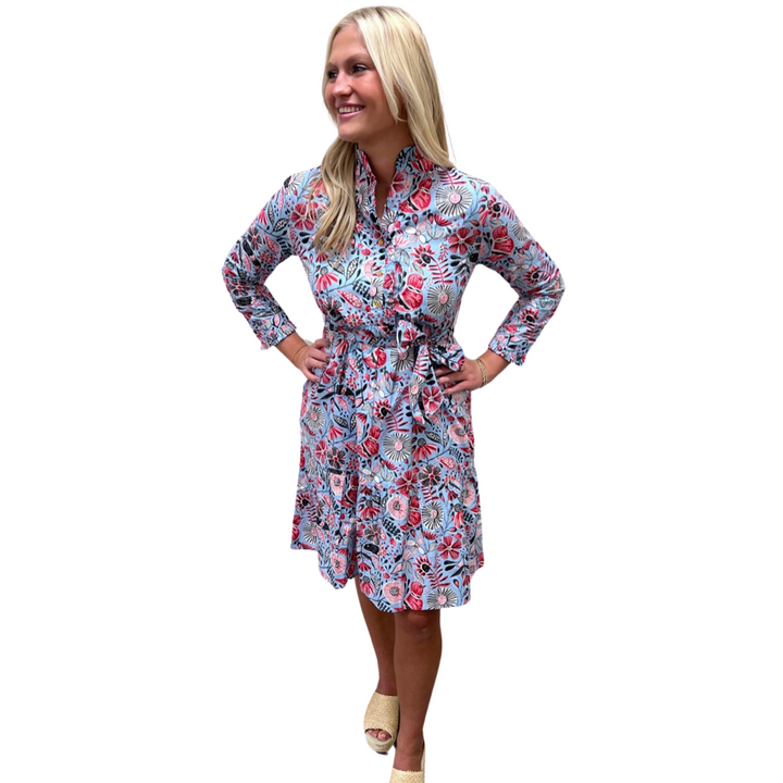 The Hampton Dress in Soft Blue Floral Bird Print — view 4