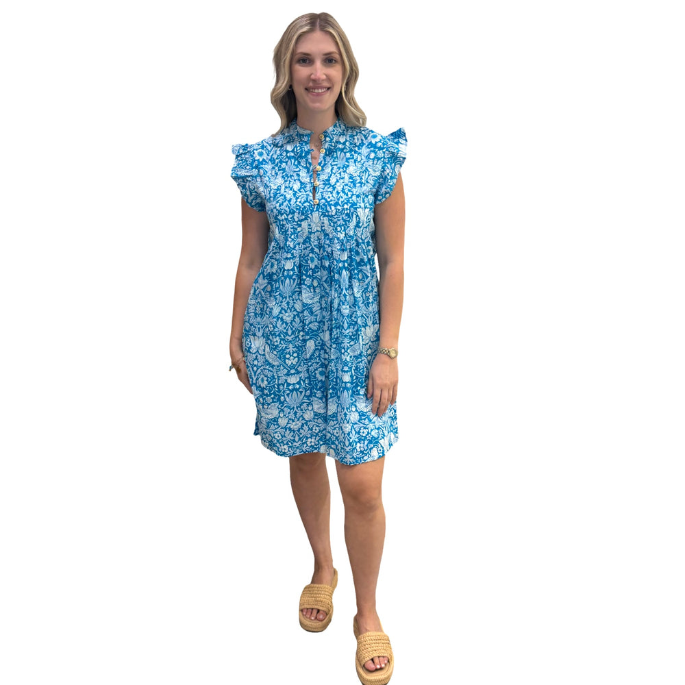 The Maggie Flutter Sleeve Dress in Turquoise and White — view 2