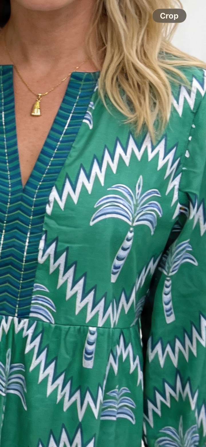 The Daniella Cotton Embroidered Trim Dress in Green Blue Palm Print — view 2