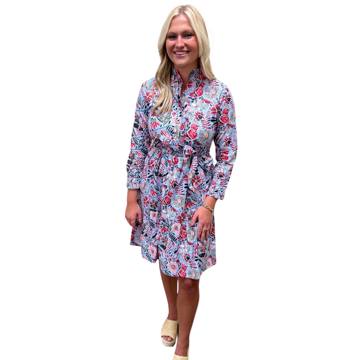 The Hampton Dress in Soft Blue Floral Bird Print — view 3