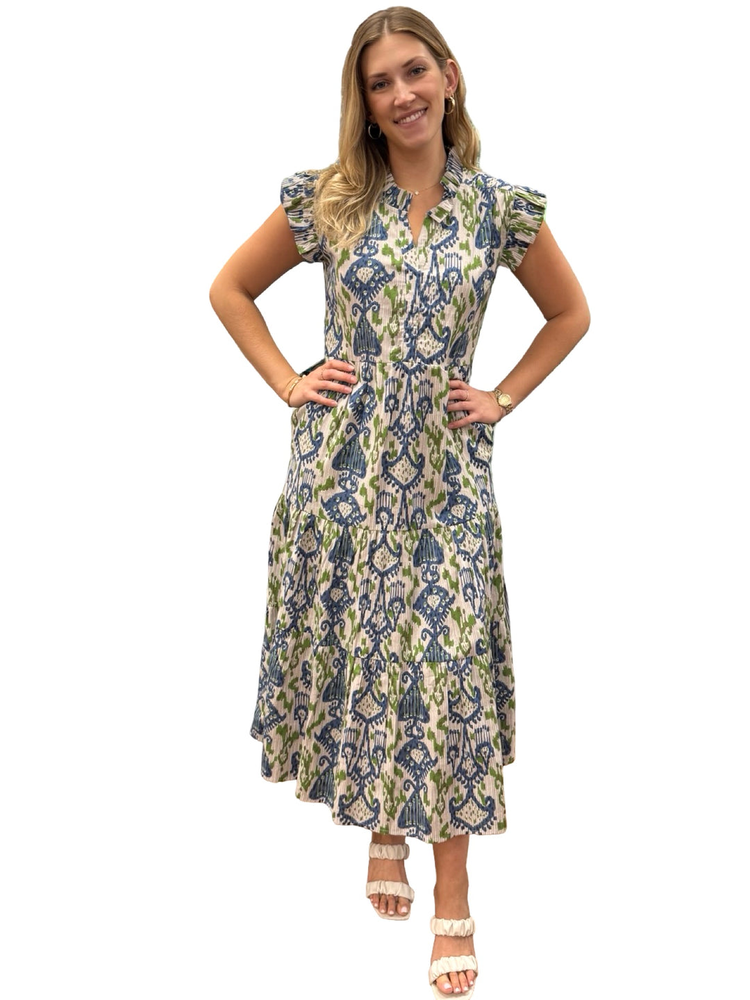 The Campbell Flutter Sleeve Dress in Blue Green Ikat — view 3