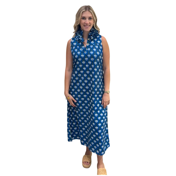 The Newport Ruffle Collar Long Dress in Blue Hand Blocked Floral — view 5