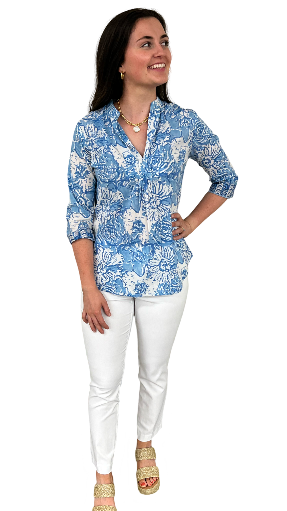The Eloise Cotton Block Print Top in Soft Blue Petunia Floral — view 2