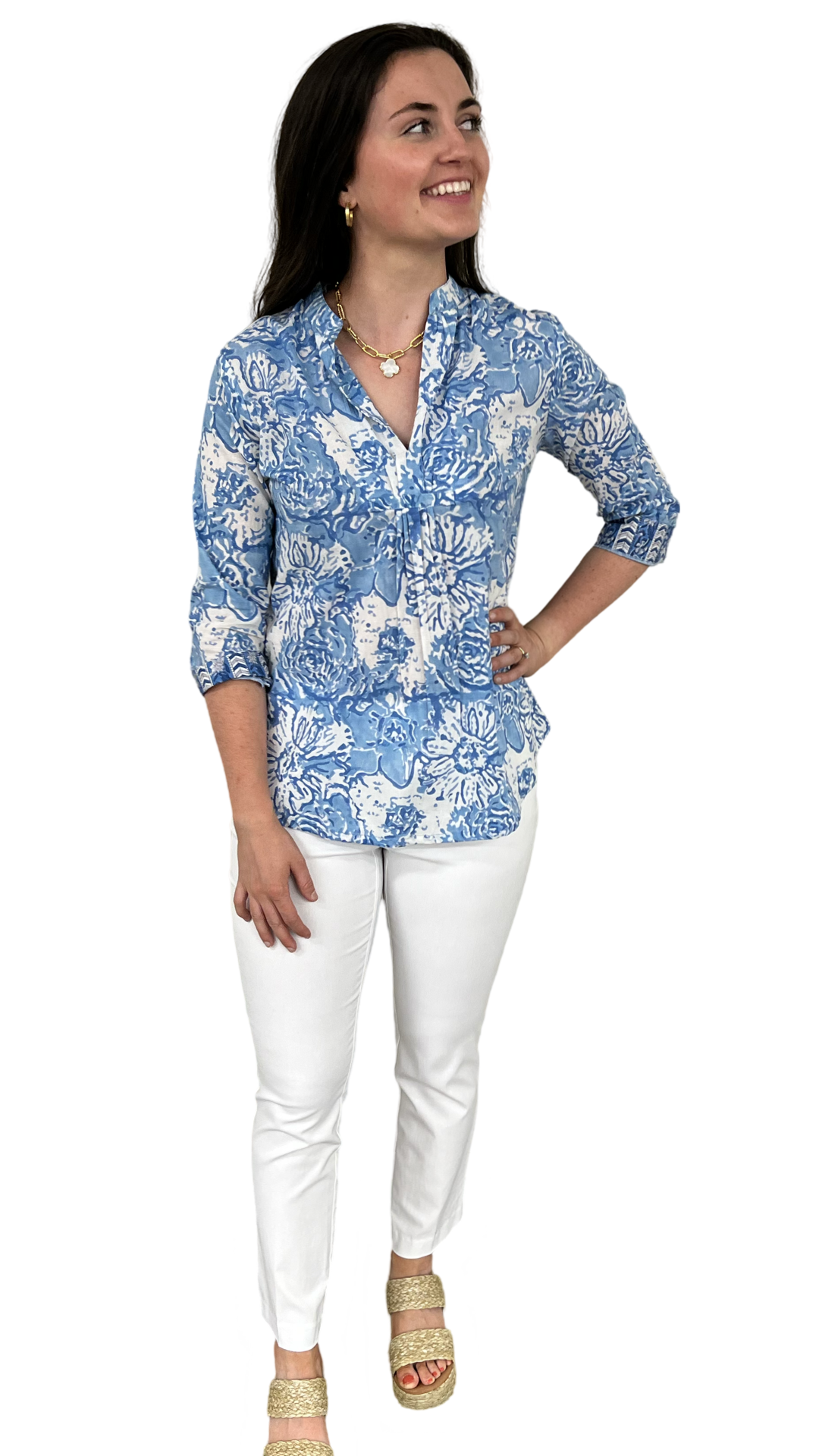 The Eloise Cotton Block Print Top in Soft Blue Petunia Floral — view 2