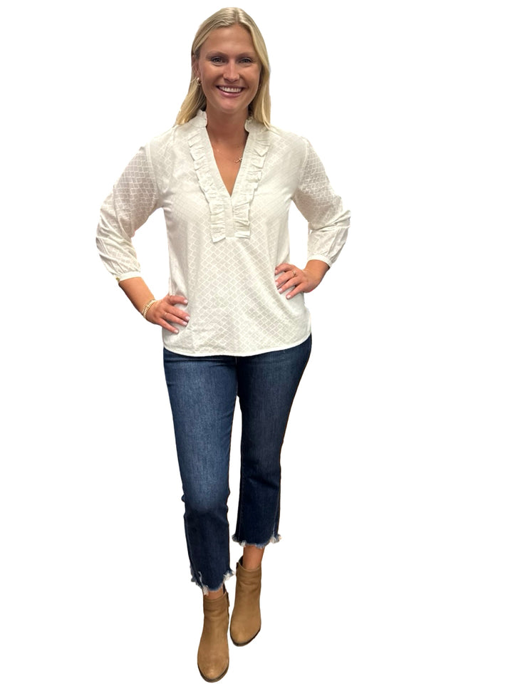The Emerson White Cotton Top in Diamond Jacquard