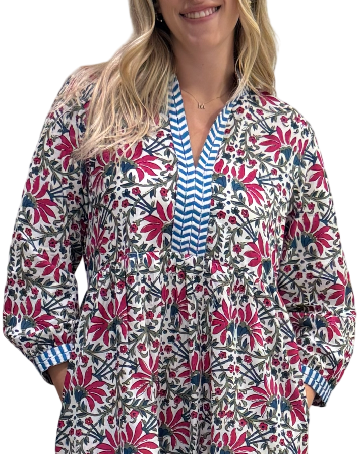 The Naomi Handblocked Floral Dress in White Floral Multi — view 4