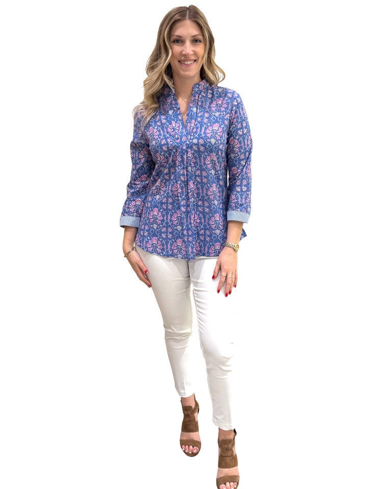 The Eloise Hand Block Printed Cotton Top in Blue and Lavender