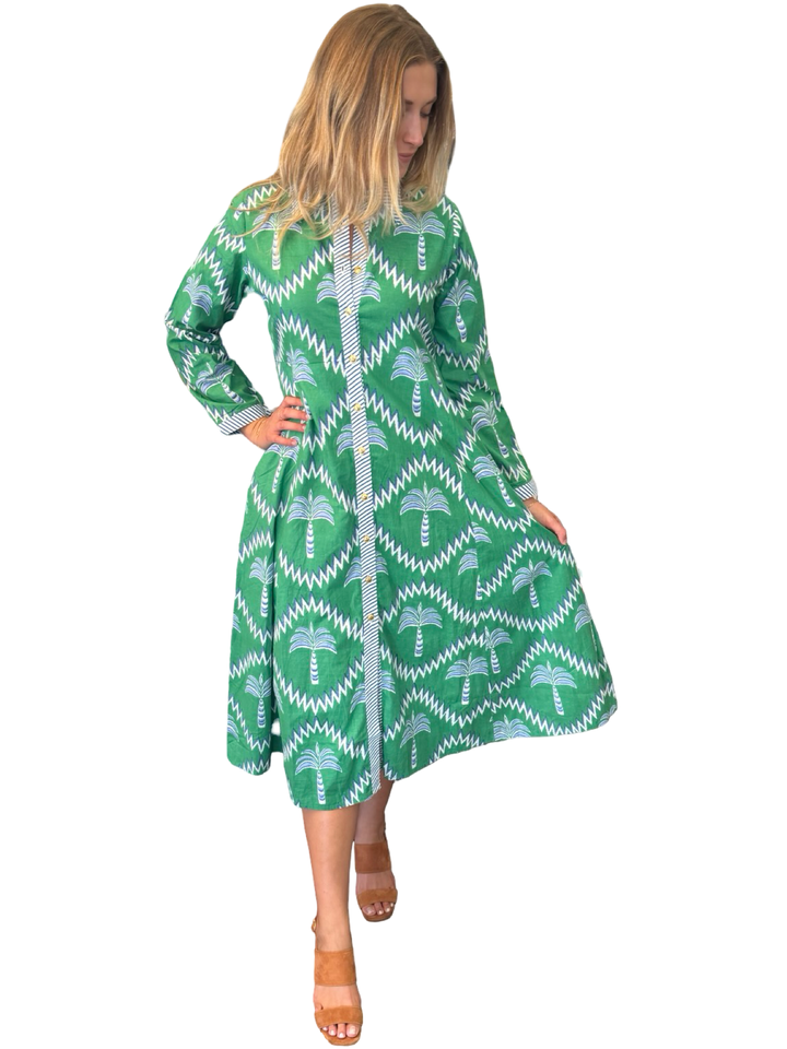 The Marion Button Front Dress in Green Blue Palm Print Cotton