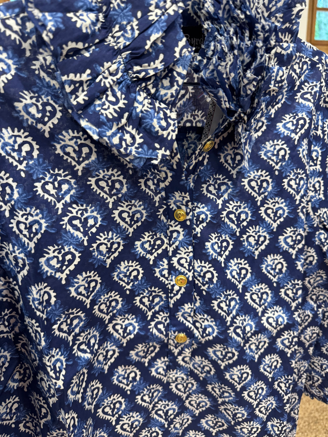 The Maria Cotton Ruffle Neck Blouse in Blue White Block Print