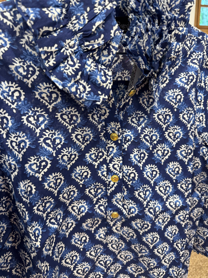 The Maria Cotton Ruffle Neck Blouse in Blue White Block Print