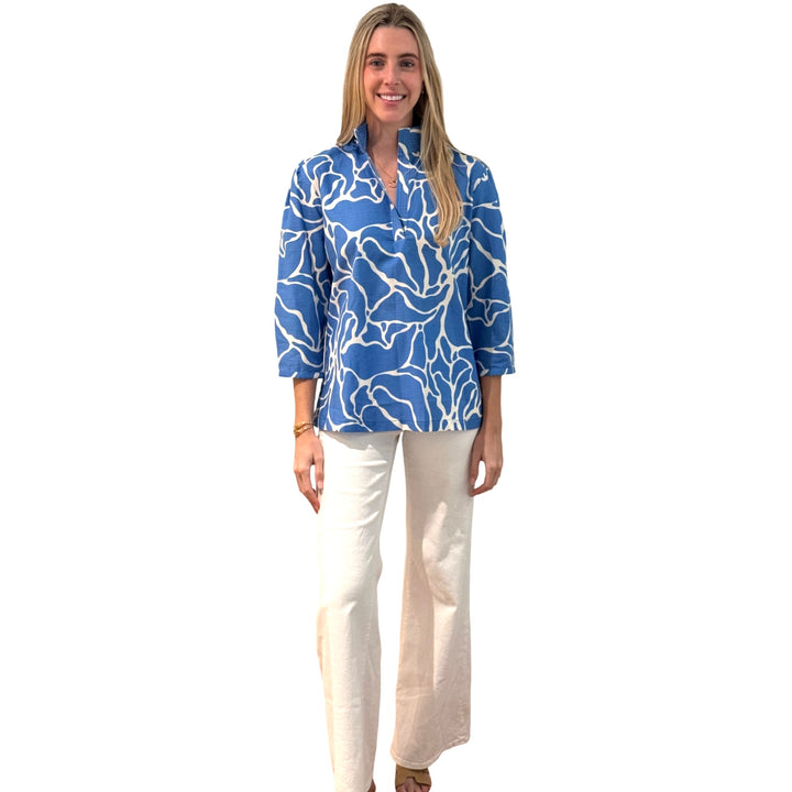 The Shipley Stand-Up Collar Top in Blue White Abstract — view 4