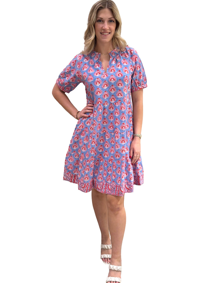 The Dahlia Smocked Neck  Hand Block Printed Cotton Dress in Blue Red — view 3