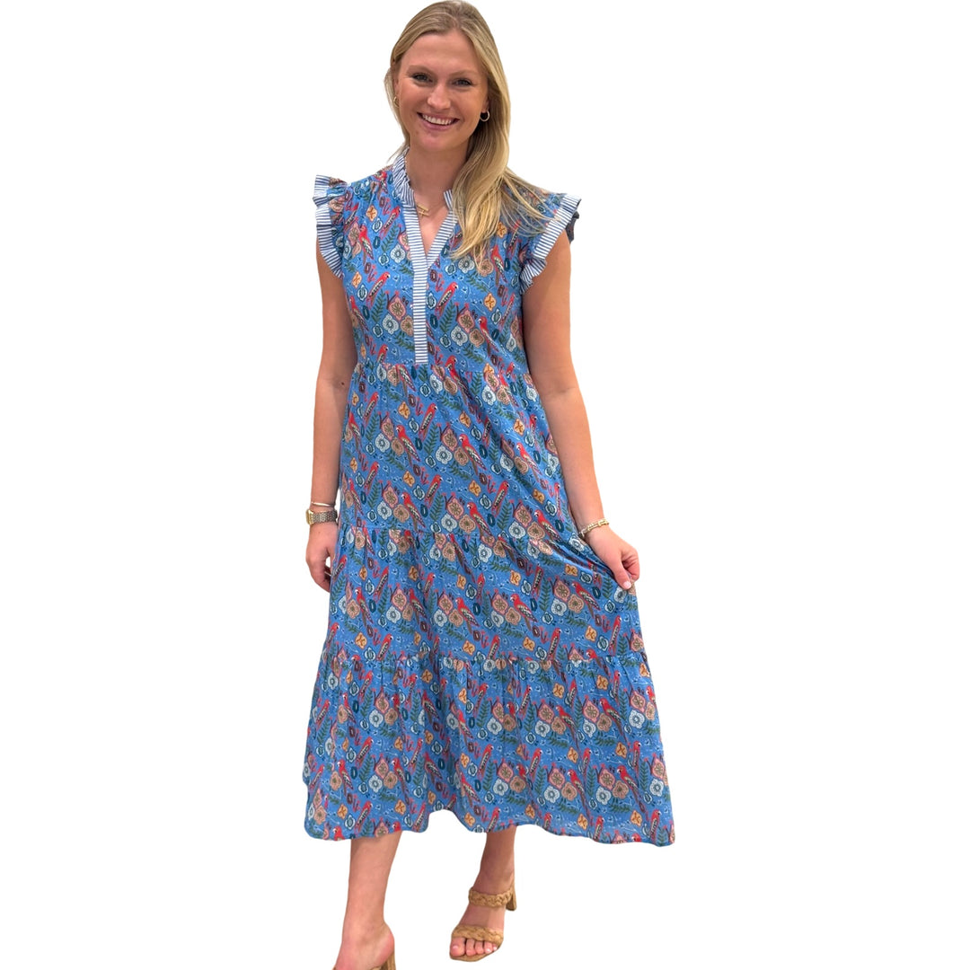 The Campbell Flutter Sleeve Dress in Blue Parrot Print — view 2