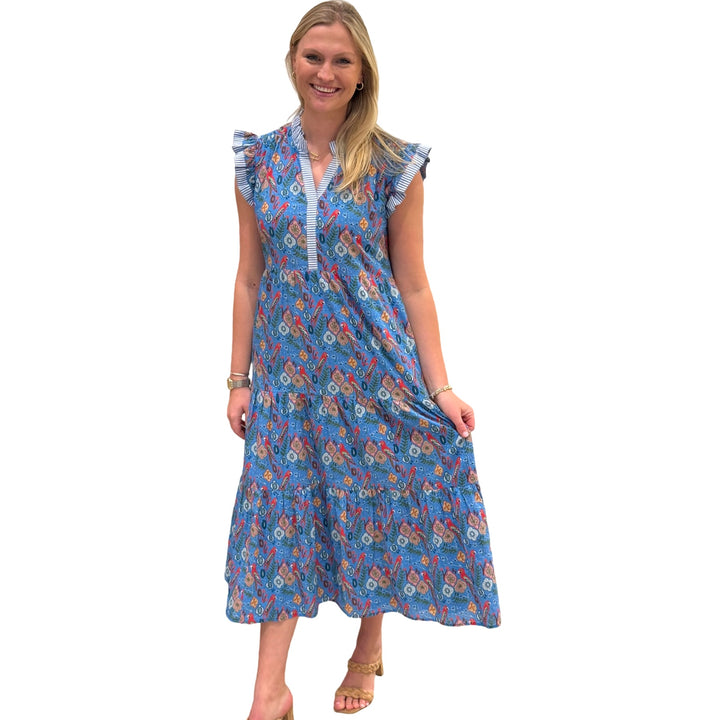 The Campbell Flutter Sleeve Dress in Blue Parrot Print — view 2
