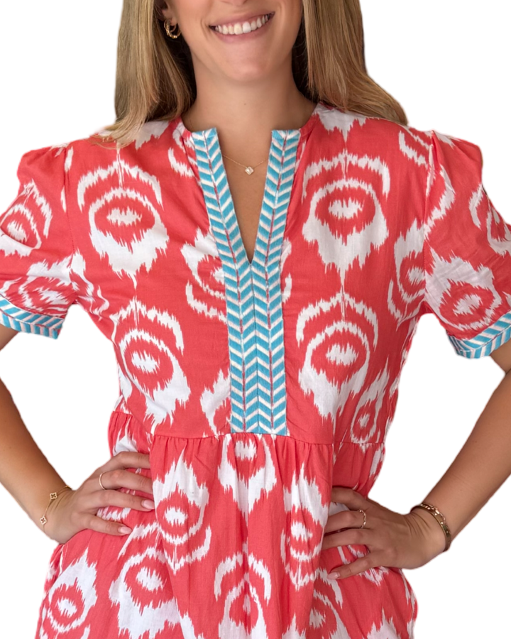 The Daniella Embroidered Trim Short Sleeve Dress in Coral White Ikat — view 4