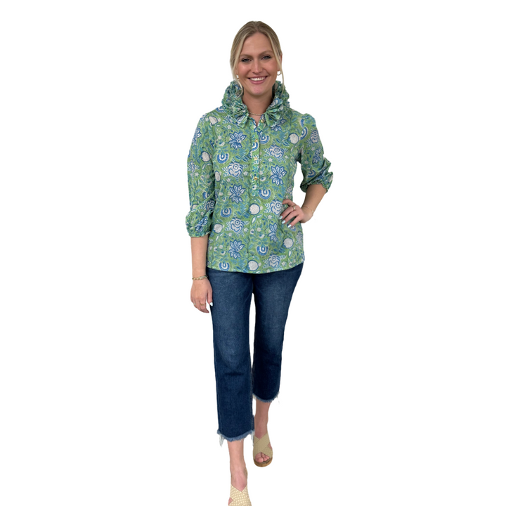 The Maria Ruffle Neck Cotton Top in Celery Floral Hand Block — view 4