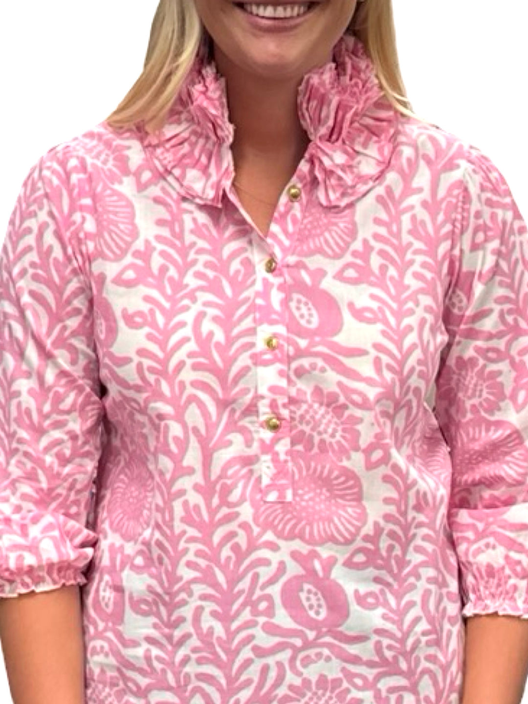 The Maria Ruffle Neck Blouse in Pink White Floral