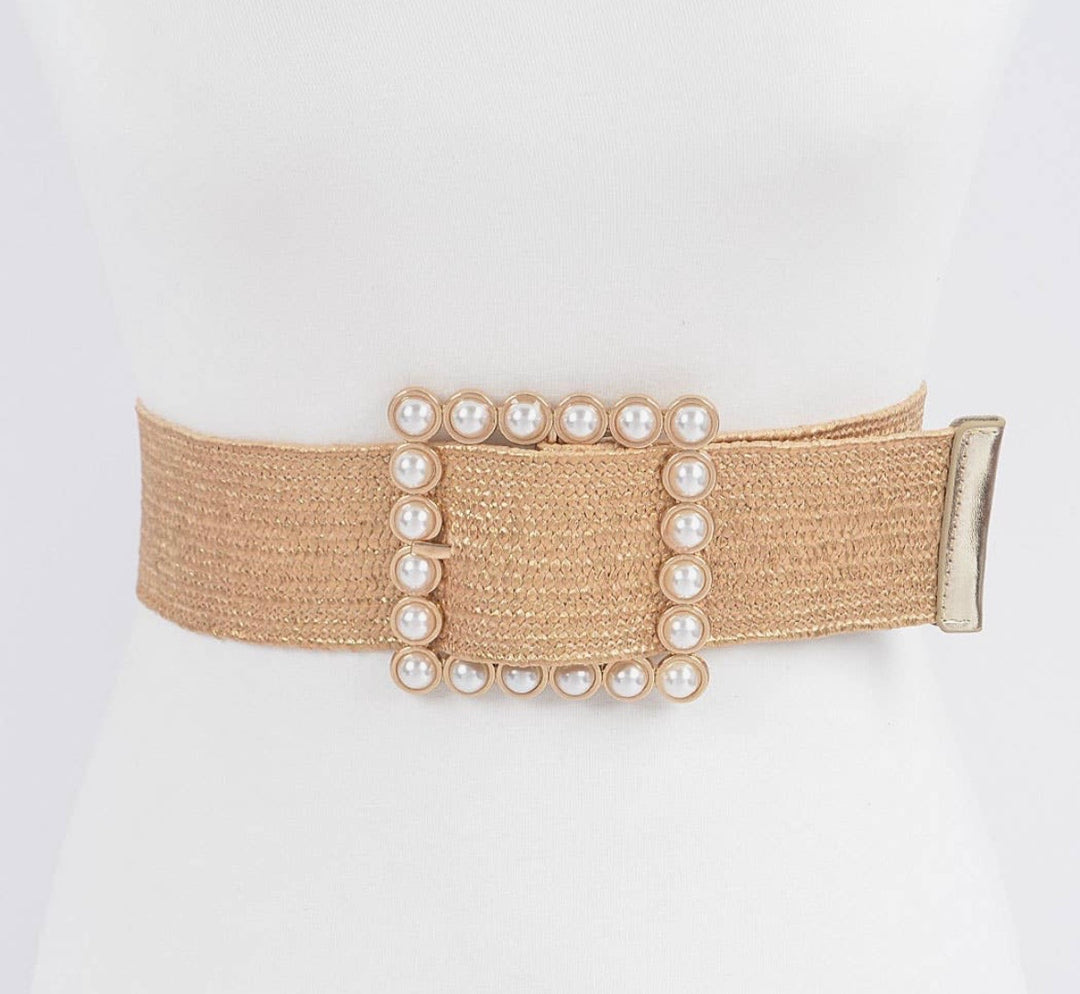 Wide Pearl Buckle Elastic Belt