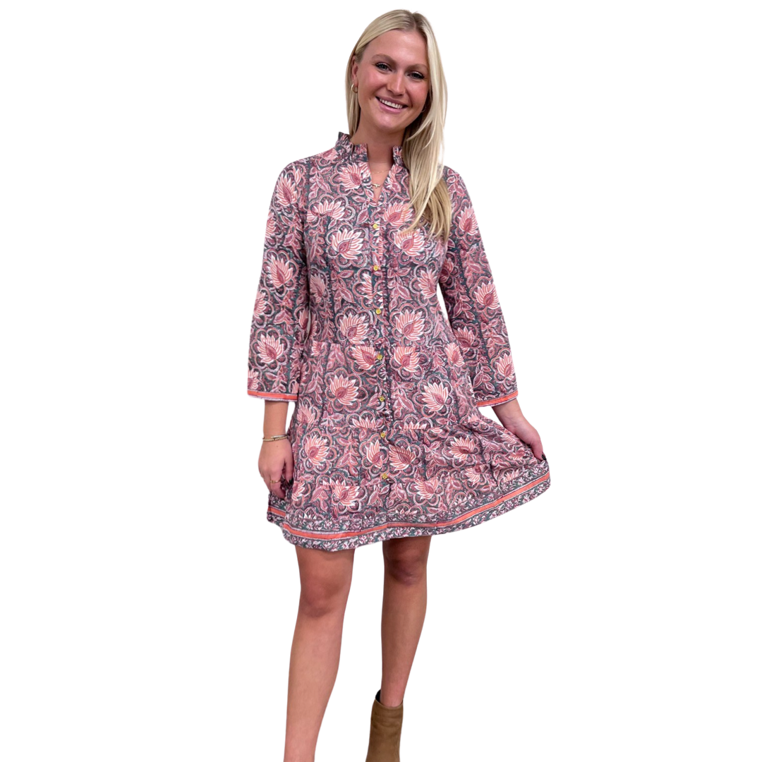 The Lacey Button Front Block Print Dress in Orange Green Floral — view 4