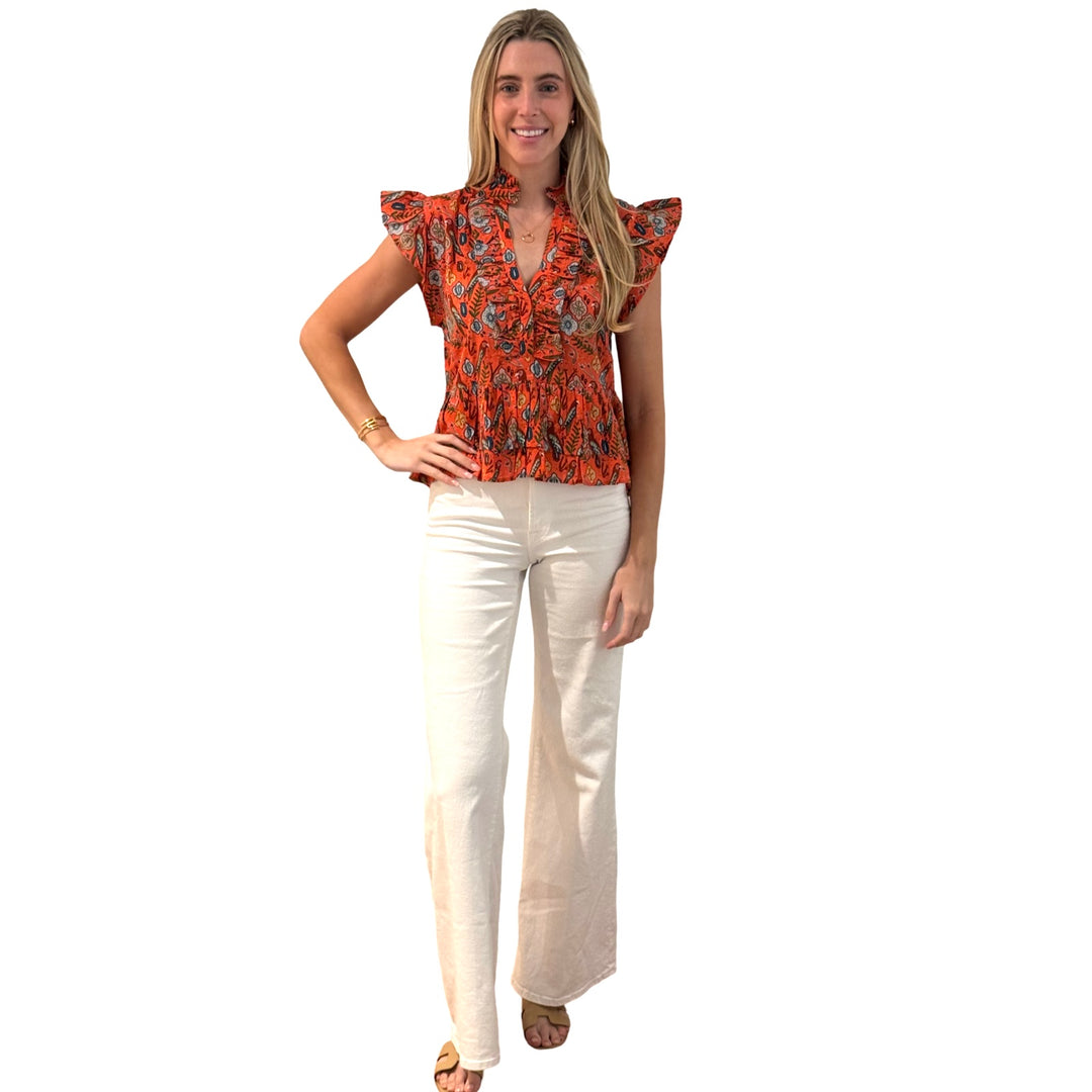 The Bella Ruffle Trim Top in Coral Parrot Print Cotton