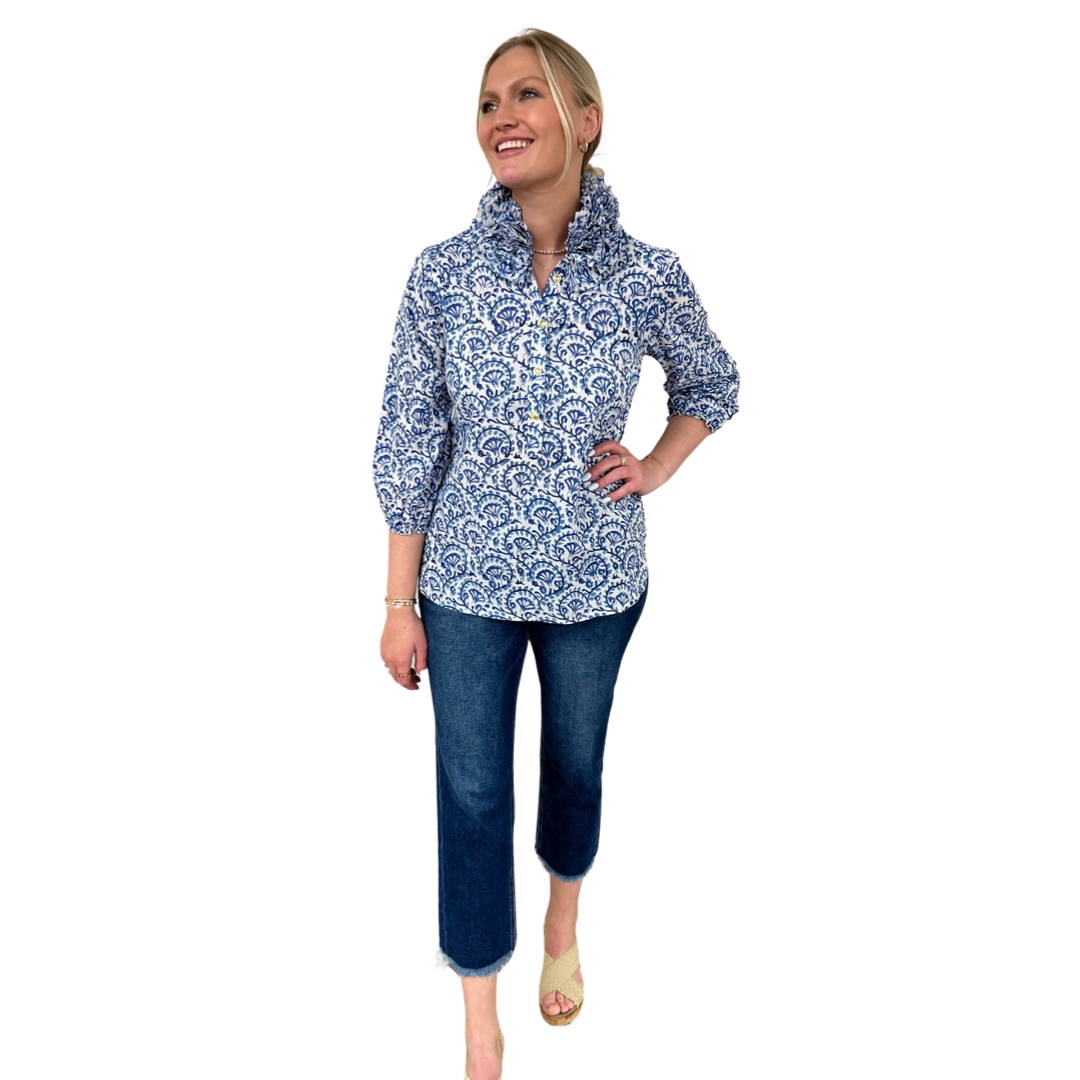 The Maria Ruffle Neck Cotton Blouse in White Blue Hand Blocked Floral — view 5