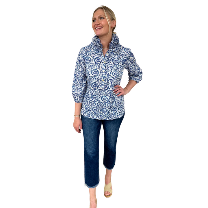 The Maria Ruffle Neck Cotton Blouse in White Blue Hand Blocked Floral — view 5