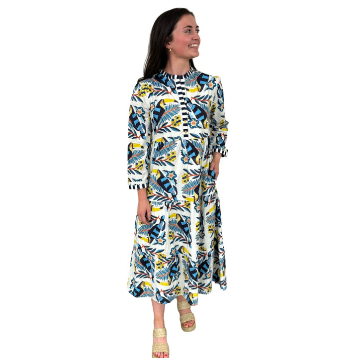 The Penny Toucan Print Midi Dress with Striped Trim — view 4