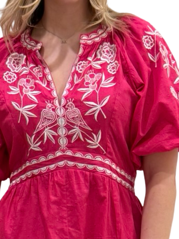 The Gabby Short Cotton Embroidered Dress in Hot Pink and White