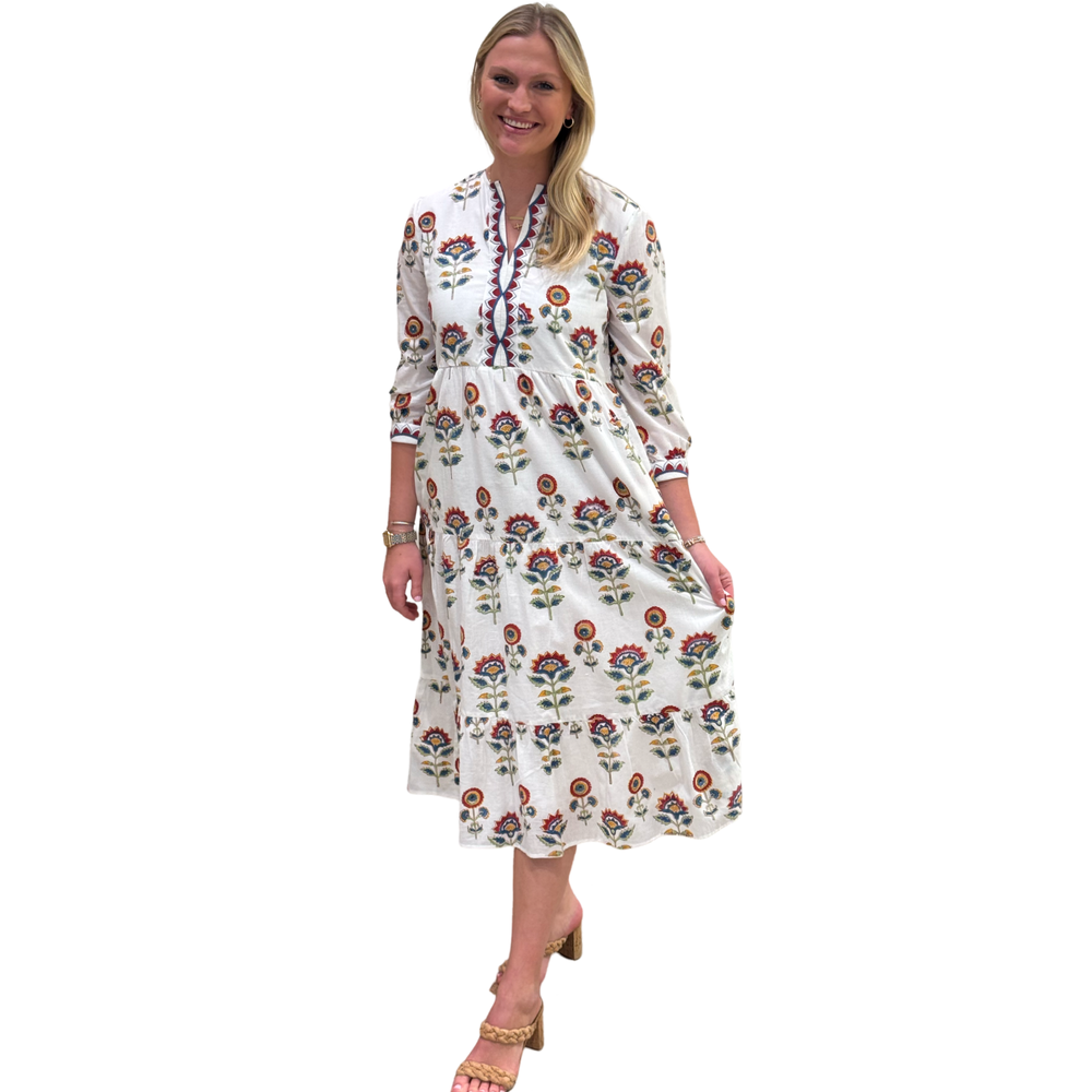 The Daniella Embroidered Trim Dress in Hand Blocked White Floral — view 2