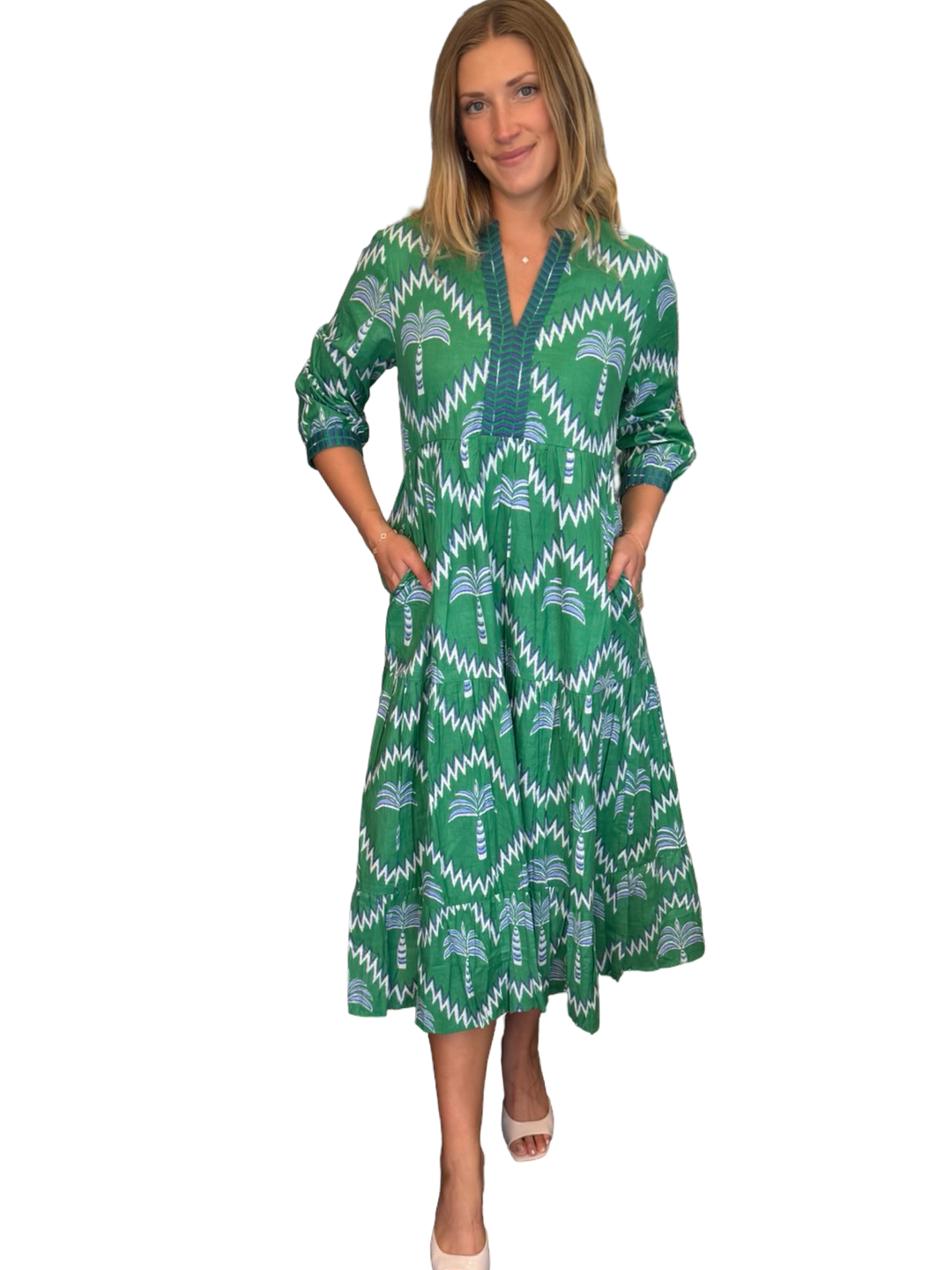 The Daniella Cotton Embroidered Trim Dress in Green Blue Palm Print