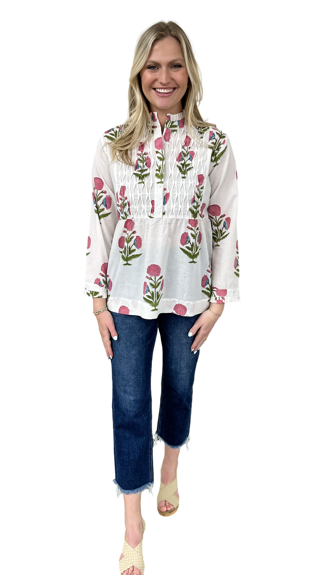 The Veronica Smocked Button Front Top in Hand-Blocked Cotton Floral — view 5