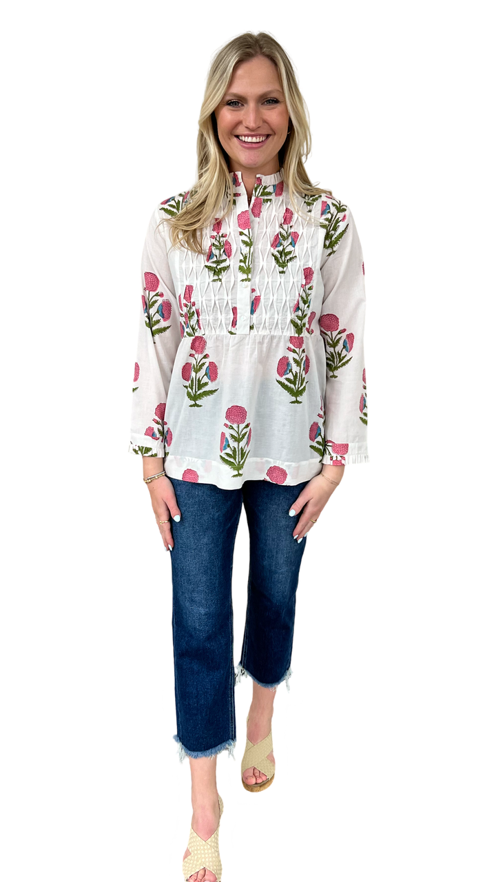 The Veronica Smocked Button Front Top in Hand-Blocked Cotton Floral — view 5