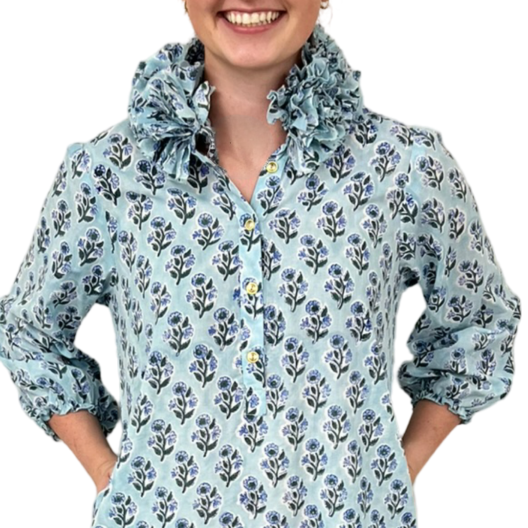 The Maria Ruffle Neck Dress in Aqua Floral Hand Blocked Cotton — view 4
