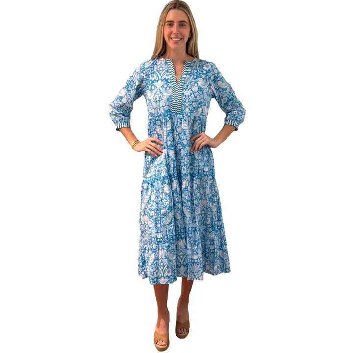 The Daniella Embroidered Trim Dress in Turquoise Hand Blocked Floral — view 5