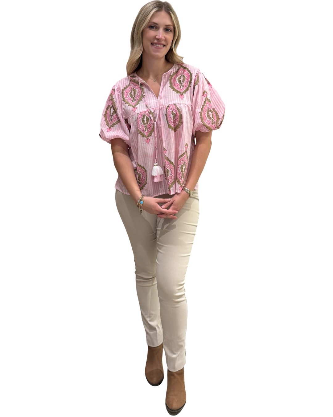 The Poppy Puff Sleeve Top in Pink and Mocha Hand Block — view 4