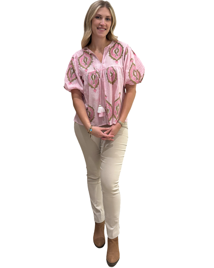 The Poppy Puff Sleeve Top in Pink and Mocha Hand Block — view 4