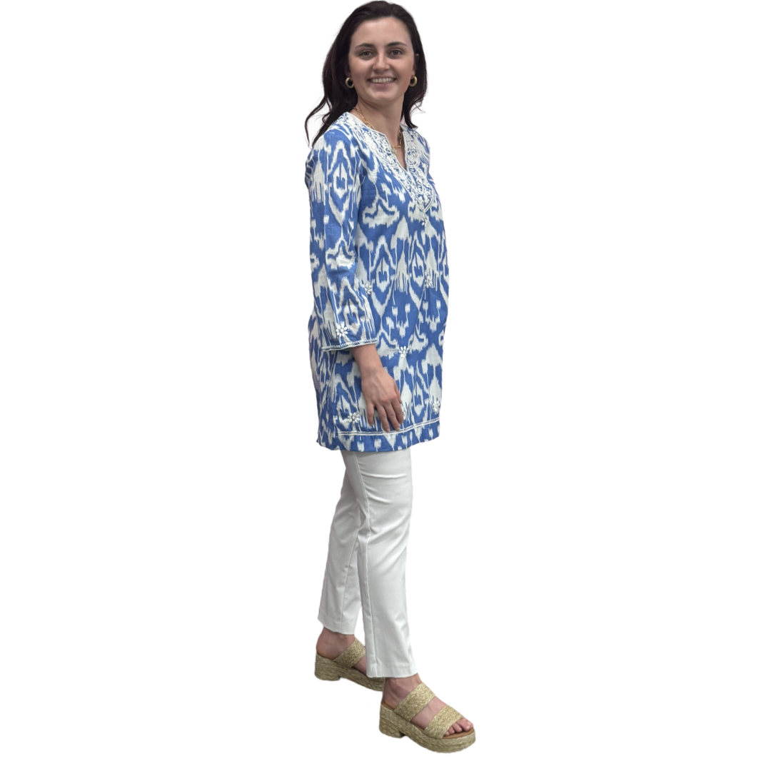 The Key Largo Embroidered Tunic in Blue and White Ikat — view 5