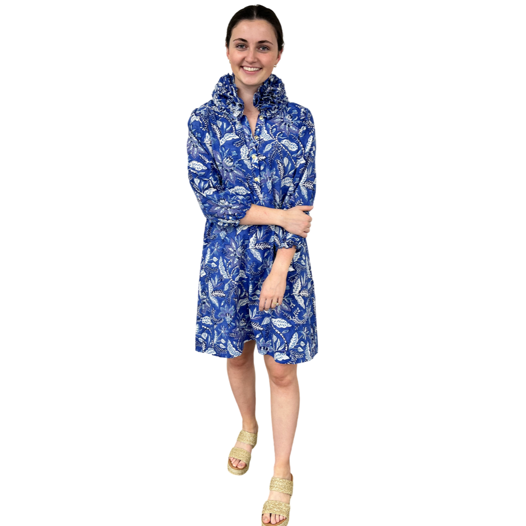 The Maria Ruffle Collar Navy Floral Cotton Hand-Block Printed Dress — view 3