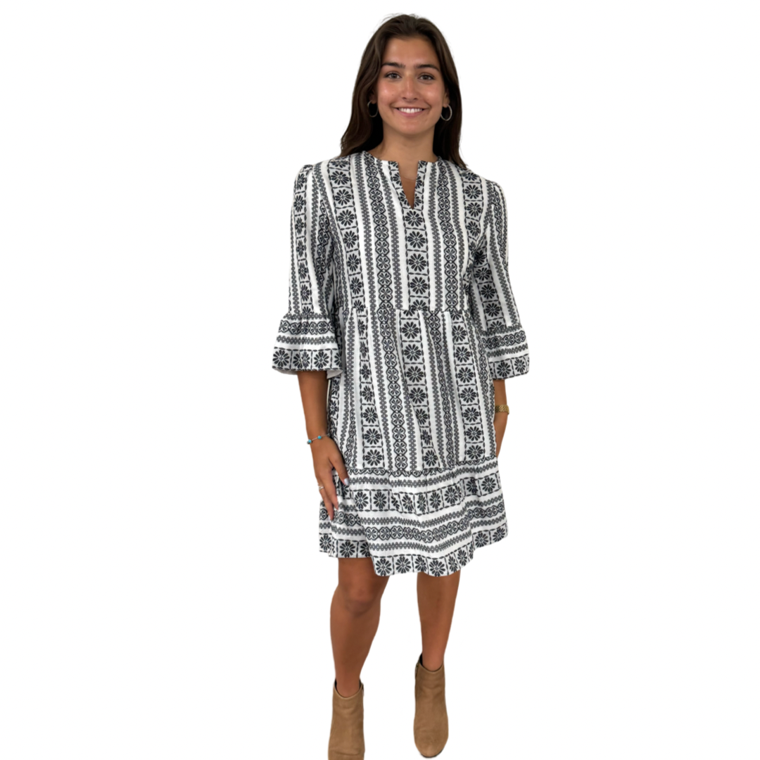 The Alexandra Black and White Jacquard 3/4 Sleeve Dress — view 5